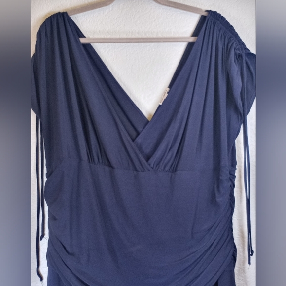 Kiyonna Draped Ruched Adjustable Sleeve Midi Dress Nautical Casual Navy Blue 3X - Picture 2 of 6